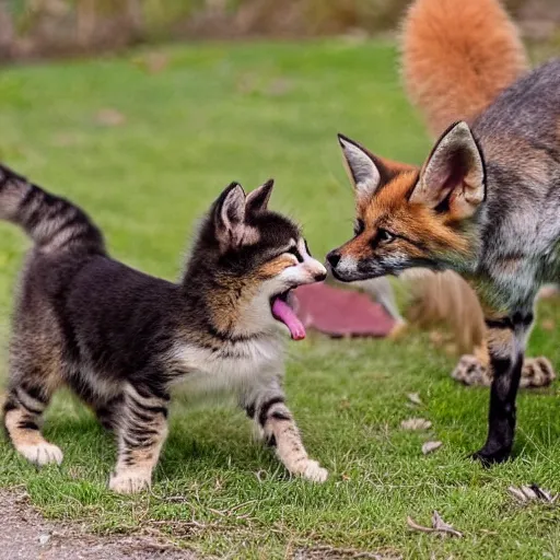 Prompt: a kitten looking at a string in the foreground, a german shepherd hunting a fox in the background