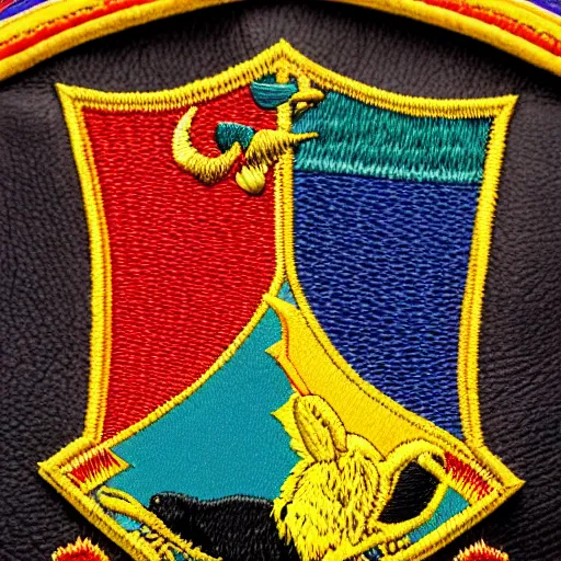 Prompt: closeup photo of a colorful embroidered patch of the coat - of - arms of the house of watanka from hogwarts which has the theme of a buffalo. the patch is sewn onto a leather school - bag.