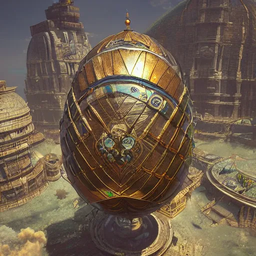 Image similar to enormous flying city in a faberge egg, sky, steampunk, fantasy art, masterpiece, unreal engine