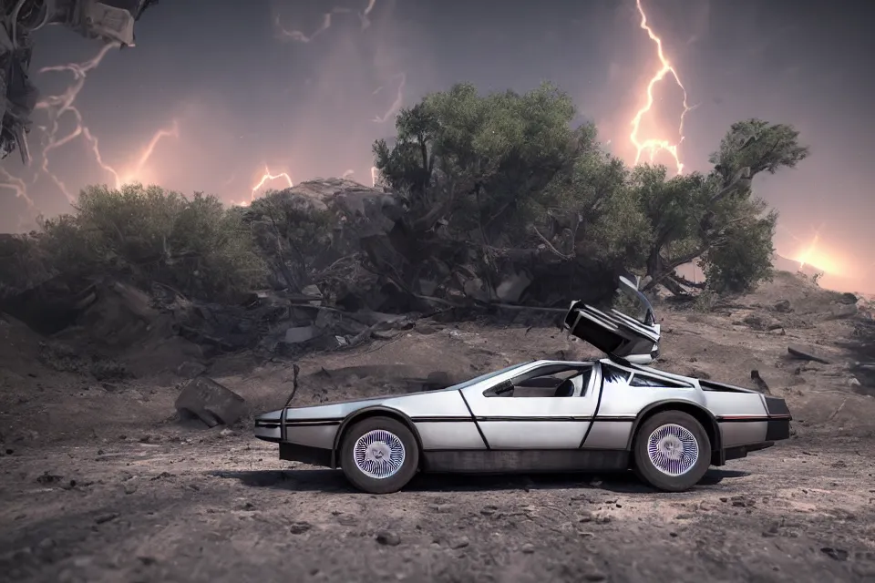 Image similar to ultra realistic delorean dmc 5 on remote ancient highway wreckage in space, dark cinematic, volumetric, realistic, 3 d render, realistic render, cinematic lighting, volumetric lighting, atmospheric, cinematic, unreal engine 5, unreal engine render, octane render, hd, photorealism, hyper realistic, 8 k