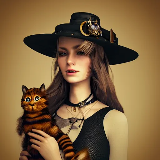 Image similar to a portrait beautiful steampunk woman and her cute robot cat standing beside her by mario testino, long hair, aged 2 5, slovenian, wearing a travel hat, photo realistic, real life, octane render, trending on artstation