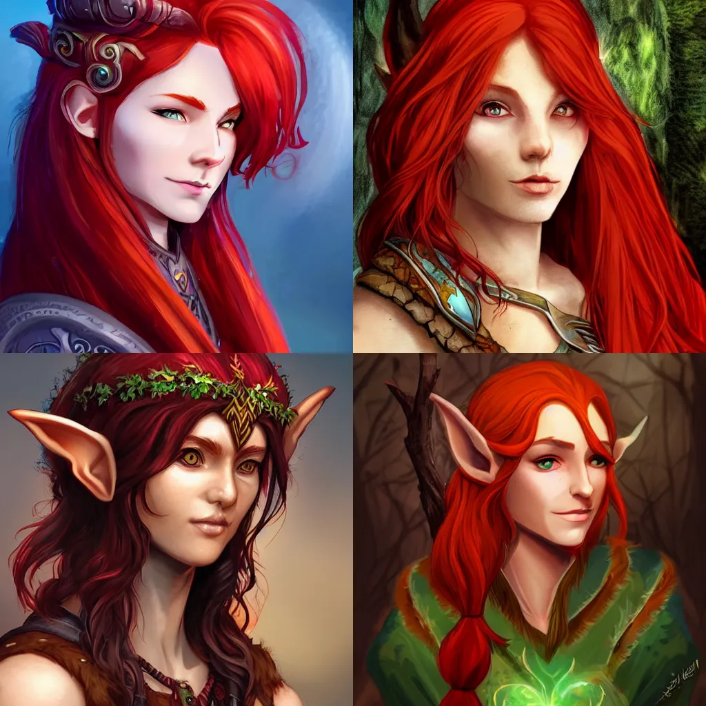 Prompt: beautiful character design of an elven druid with red hair, slight smile, sideview, d&d, warm lighting, symmetrical face, subtle vibrancy, pathfinder, HD, detailed,