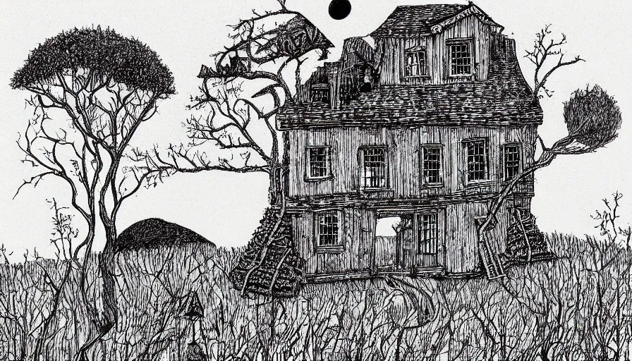 Image similar to a witch house on top of a lonely hill, illustration, pen on paper, by edward gorey