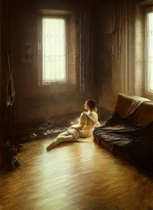 Prompt: a beautiful woman sitting in the floor, inside a modern apartment, intricate oil painting, hyperdetailed, ominous, ethereal, dramatic lighting, by jeremy mann and ruan jia and lawrence alma - tadema