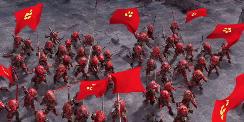 Image similar to overhead mid shot cinematic artwork of a small group of rag tag warriors surrounded by a vast ancient Chinese army wearing red armor and holding red flags on the battlefield by greg rutowski, masterpiece, 4k