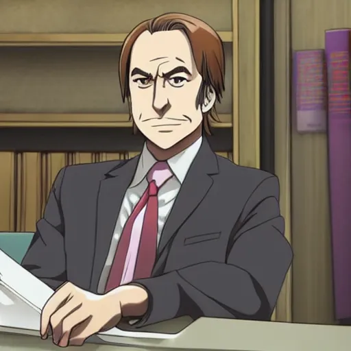 Prompt: saul goodman in an anime world, incredibly detailed, ultra realistic