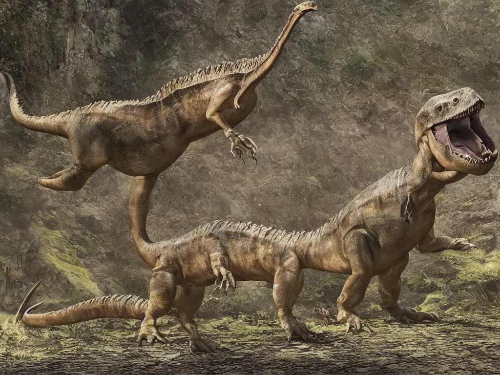 Image similar to a beautiful ancient dinosaur the size of a mountain, ancestor of the duck