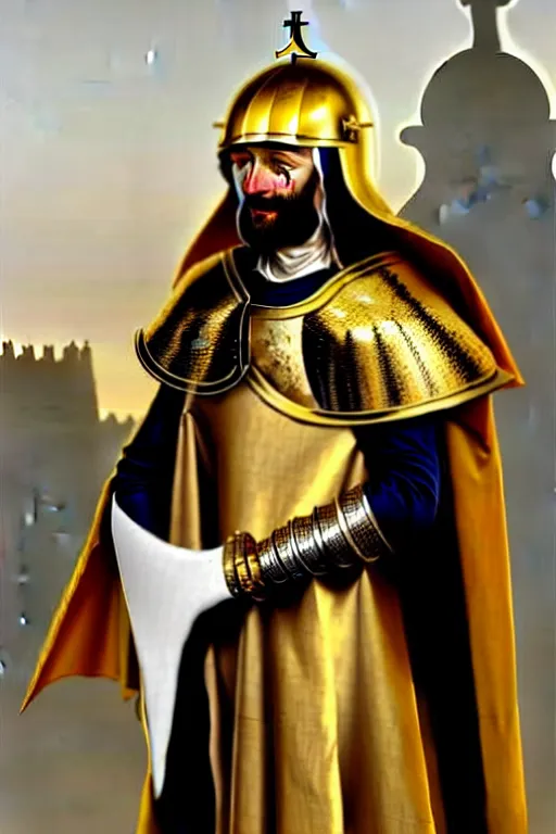 Prompt: man in decorated with gold in baroque style 15 century crusader armor, helmet hiding his face and white cape standing at the gates of jerusalem drawn by greg rutkowski realistic high detail