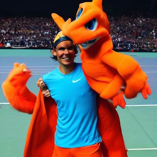 Image similar to rafael nadal posing wearing a charizard costume