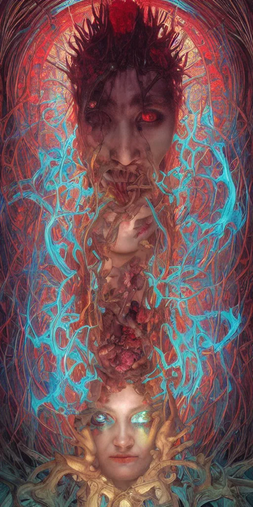 Image similar to intense manic glowing pagan god with ram horns and veins and intense glowing eyes in very dark forest by karol bak and beksinski and alphonse mucha, portrait, fantasy, clear, light beams, lens flare, intense, uhd, red and teal and shining polished gold, amazing depth, cinematic lighting