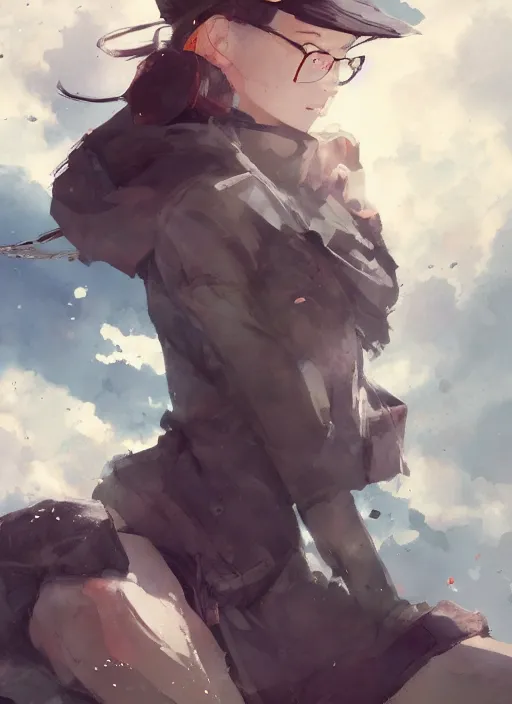 Prompt: a full body girl wearing glasses and a cap, looking to the skies, cinematic lighting, dramatic atmosphere, artwork by dustin nguyen, akihiko yoshida, greg tocchini, greg rutkowski, cliff chiang, 4 k resolution, trending on artstation,