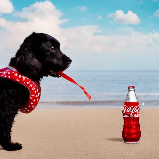 Image similar to a dog ballerina is drinking coca - cola on the beach