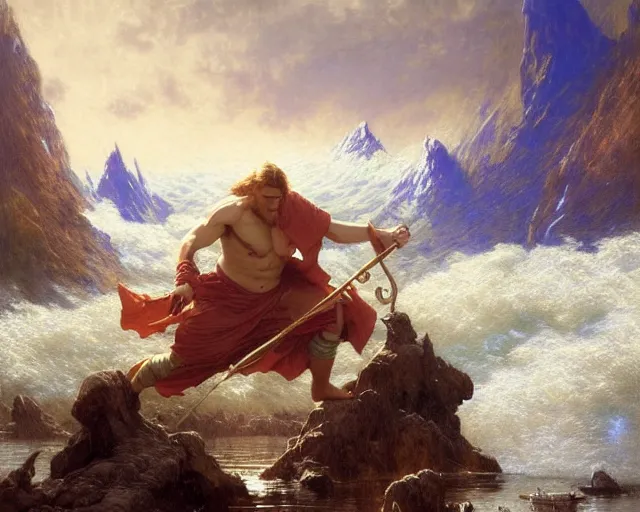 Prompt: attractive male wizard casting powerful giant tsunami spell in a beautiful lake. highly detailed painting by gaston bussiere, craig mullins, j. c. leyendecker 8 k