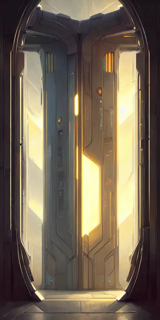 Image similar to hyper realistic art - deco sci - fi double door by jordan grimmer, darek zabrocki