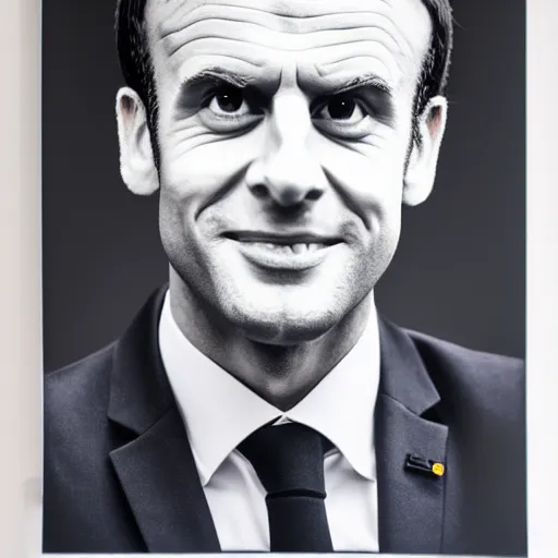 Prompt: toilet with Emmanuel Macron face printed on it, white borders, 50mm photography, high quality, 4K