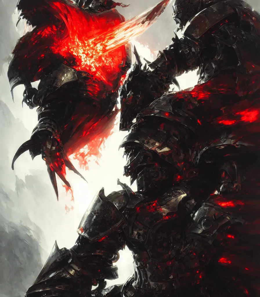 Image similar to a hellish knight paladin, black armor, flowing backlit hair, beautifully designed character, award winning collaborative painting by geg ruthowski, alphonse murac, craig mullins, ruan jia, wlop, yoji shinkawa, collaborative artwork, exquisitely high quality and detailed