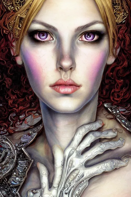 Prompt: high quality extremely detailed closeup portrait of a young gorgeous female necromancer looking away from the camera, detailed eyes, sparkle in eyes, no hands visible, fantasy, d & d, intricate, painting by lucian freud and mark brooks, hd