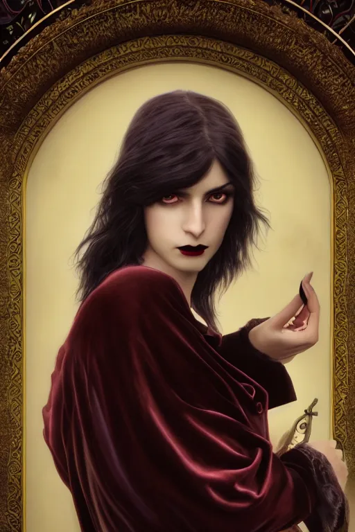 Image similar to a beautiful androgynous man, long thick dark hair, deep brown eyes, vampire, dressed in velvet, wearing a ruby pendant, illustration, dramatic lighting, soft details, painting oil on canvas, art nouveau, octane render, HDR, 4k, 8k, HD, by Edmund Blair Leighton, Brom, Charlie Bowater, faces by otto schmidt