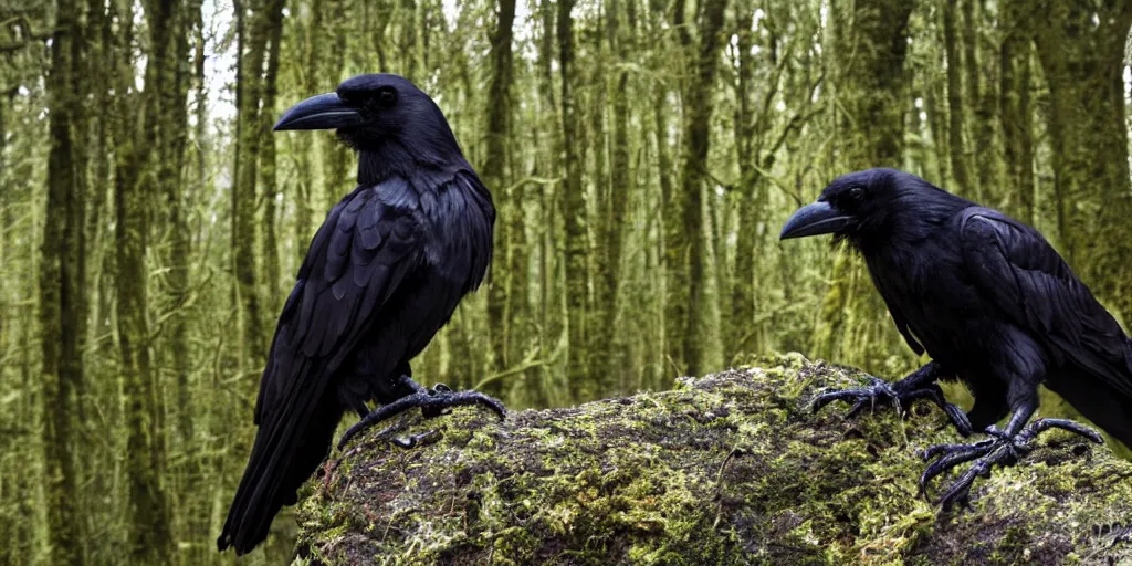 Prompt: mixture between a human and! crow, photograph captured in a forest