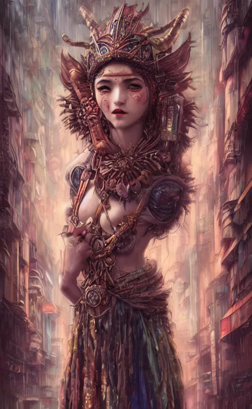 Image similar to hyper realistic Princess Mononoke, ornate mask magic, wet market street, cyberpunk metropolis, city landscape, jewels, full body pose, full moon, crowded streets, style of tom bagshaw, mucha, james gurney, norman rockwell, denoised, sharp