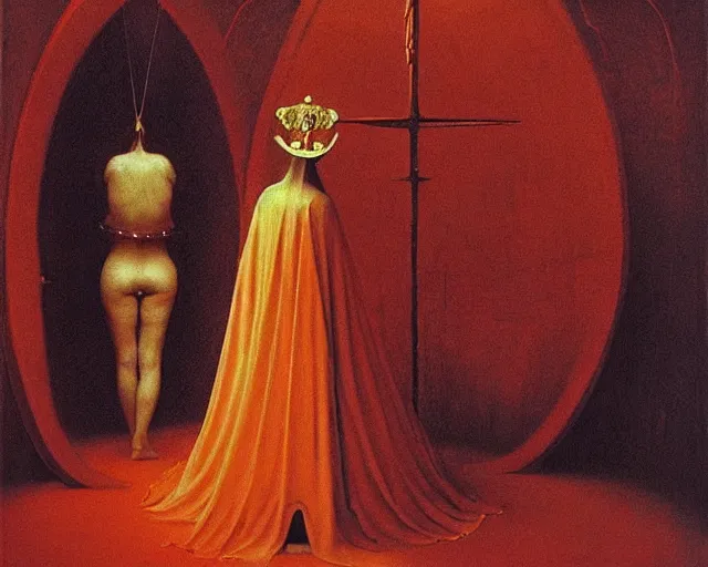 Image similar to devotion to the scarlet woman, priestess in a conical hat, coronation, ritual, sacrament, by francis bacon, beksinski, bosch, mystical redscale photography, opulence, luxury, maximalism.