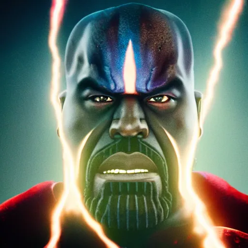 Image similar to Portrait of Kanye West as thanos, splash art, movie still, cinematic lighting, dramatic, octane render, long lens, shallow depth of field, bokeh, anamorphic lens flare, 8k, hyper detailed, 35mm film grain