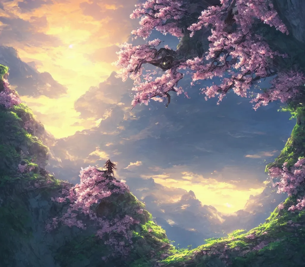 Prompt: sakura blossom in the mountains, stunning, extraordinary, made in abyss style, epic sunset, detailed, dynamic scene