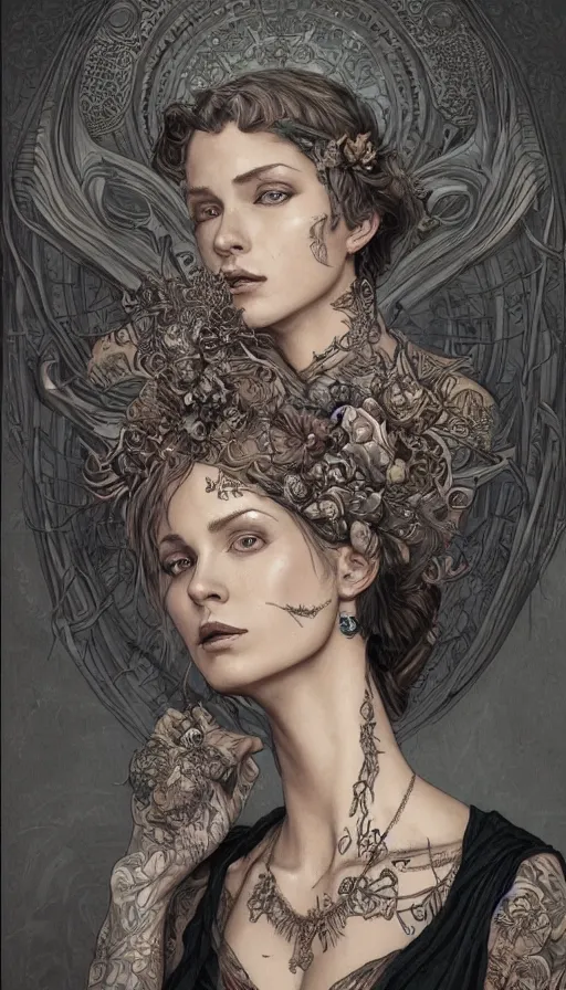 Prompt: tattooed lady, fame of thrones, fibonacci, sweat drops, intricate fashion clothing, insane, intricate, highly detailed, surrealistic, digital painting, artstation, concept art, smooth, sharp focus, illustration, Unreal Engine 5, 8K, art by artgerm and greg rutkowski and alphonse mucha