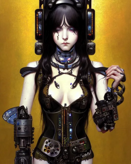 Image similar to portrait of cute beautiful young gothic maiden, cyberpunk, Warhammer, highly detailed, artstation, illustration, art by Gustav Klimt and Range Murata