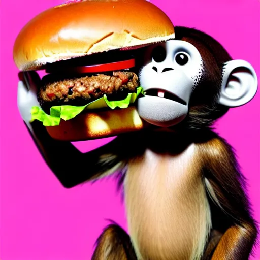 Image similar to monkey eating a burger, stylized, artstation, hd, photorealistic, photograph, cgsociety, cgi, digital, illustration, arts, realistic, awards winning, dramatic, cinematic, artistic, famous, detailed