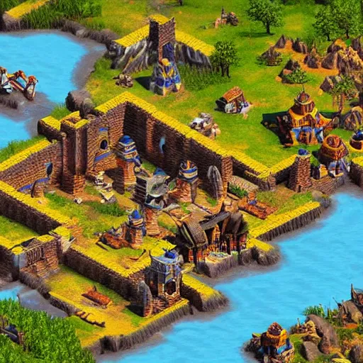 Image similar to isometric map of age of empires video game website , procedural, Travian, AOE2 , civilization, river, forest, cave, mountain, woods, hills, buildings, Insane Details, Digital Art, Epic Atmosphere, Extremely Detailed, aztecs