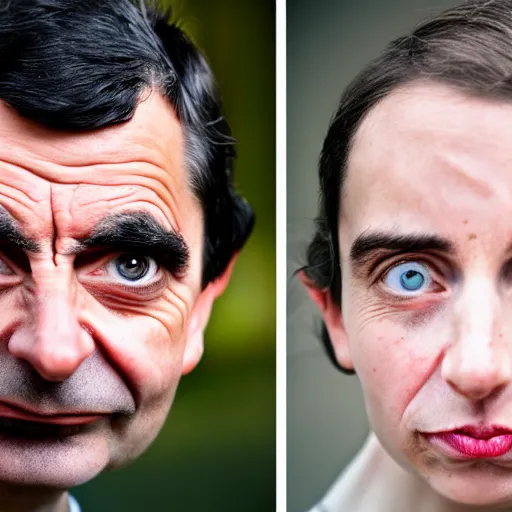 Image similar to A portrait mr bean elizabeth teams up with a teenage mr bean, perfect faces, 50 mm, award winning photography