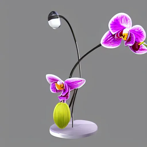 Prompt: an orchid flower, robotic, made of metal, shiny, glowing, unreal engine