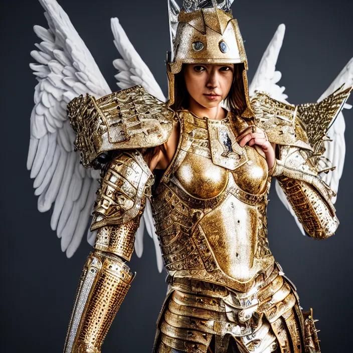 Image similar to full body photo of an angel warrior queen wearing diamond encrusted armour, highly detailed, 4 k, hdr, smooth, sharp focus, high resolution, award - winning photo
