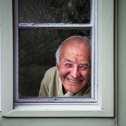 Image similar to an smiling old man peeking through a small window