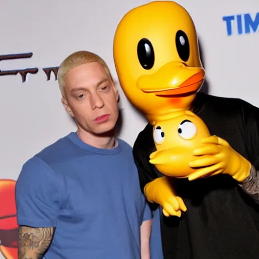 Prompt: eminem and a rubber duck meeting