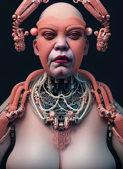 Image similar to portrait of an absurdly ugly, awful disgusting fat gross woman, fashionable cyberpunk mechanoid, hong kongcity, hyperdetailed illustration by irakli nadar and alexandre ferra, intricate linework, white porcelain skin, faberge, coral headdress, unreal engine 5 highly rendered, global illumination, radiant light, detailed and intricate environment