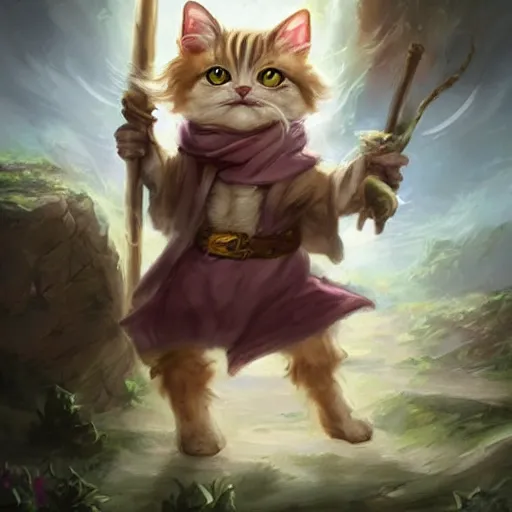 Prompt: cute little anthropomorphic Maltese Terrier and tabby cat, wielding a magic staff, tiny, small, short, Wizard robe, cute and adorable, pretty, beautiful, DnD character art portrait, matte fantasy painting, DeviantArt Artstation, by Jason Felix by Steve Argyle by Tyler Jacobson by Peter Mohrbacher, cinema