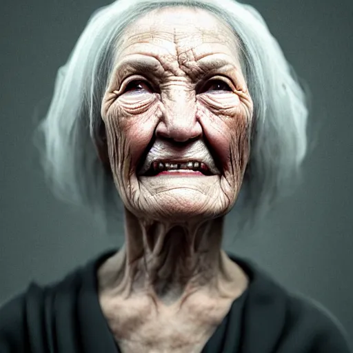 Prompt: very old woman portrait, no teeths, many wrinkles, 8 k, photorealistic, octane render, award winning photography, lovecraft style, horror atmosphere, cinematic, hyper realism,