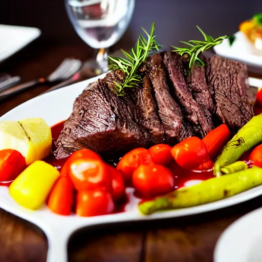 Prompt: perfect beautiful wine beef roast served in michelin star restaurant, juicy sauce, platter of saute vegetables, bokeh, beautiful arrangement, captured on canon eos r 6