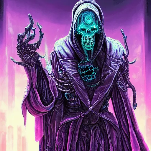 Image similar to cyberpunk undead lich ilithid mindflayer playing synthesizers, honeycomb skull structure, D&D, highly detailed, realistic, technology and magic,