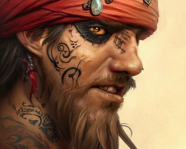 Prompt: close up of a pirate with scars and a face tattoo depicting a brain, deep focus, d & d, fantasy, intricate, elegant, highly detailed, digital painting, artstation, concept art, matte, sharp focus, illustration, hearthstone, art by artgerm and greg rutkowski and alphonse mucha
