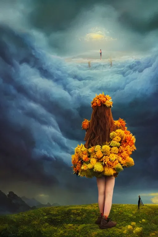 Prompt: closeup giant dahlia flower crown as head, girl standing on mountain, surreal photography, blue storm clouds, dramatic light, impressionist painting, digital painting, artstation, simon stalenhag