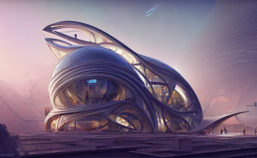 Image similar to exterior shot of utopian architecture transparent building with cinematic lighting by zaha hadid and renzo piano, darek zabrocki and greg ruthkowski, alphonse mucha, simon stalenhag, cinematic, stars, beautiful, holy place, paradise, scifi, futurism, atmospheric, concept art, artstation, trending on artstation