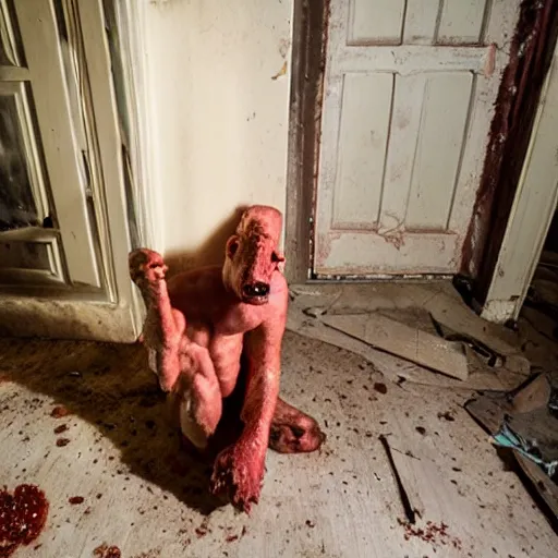 Prompt: flash photography of a male meat creature inside a abandoned house,