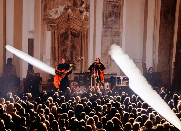 Prompt: a high resolution photograph of sunn o ) ) ) playing live at the vatican with monk robes, smoke machines, huge walls of amplifiers