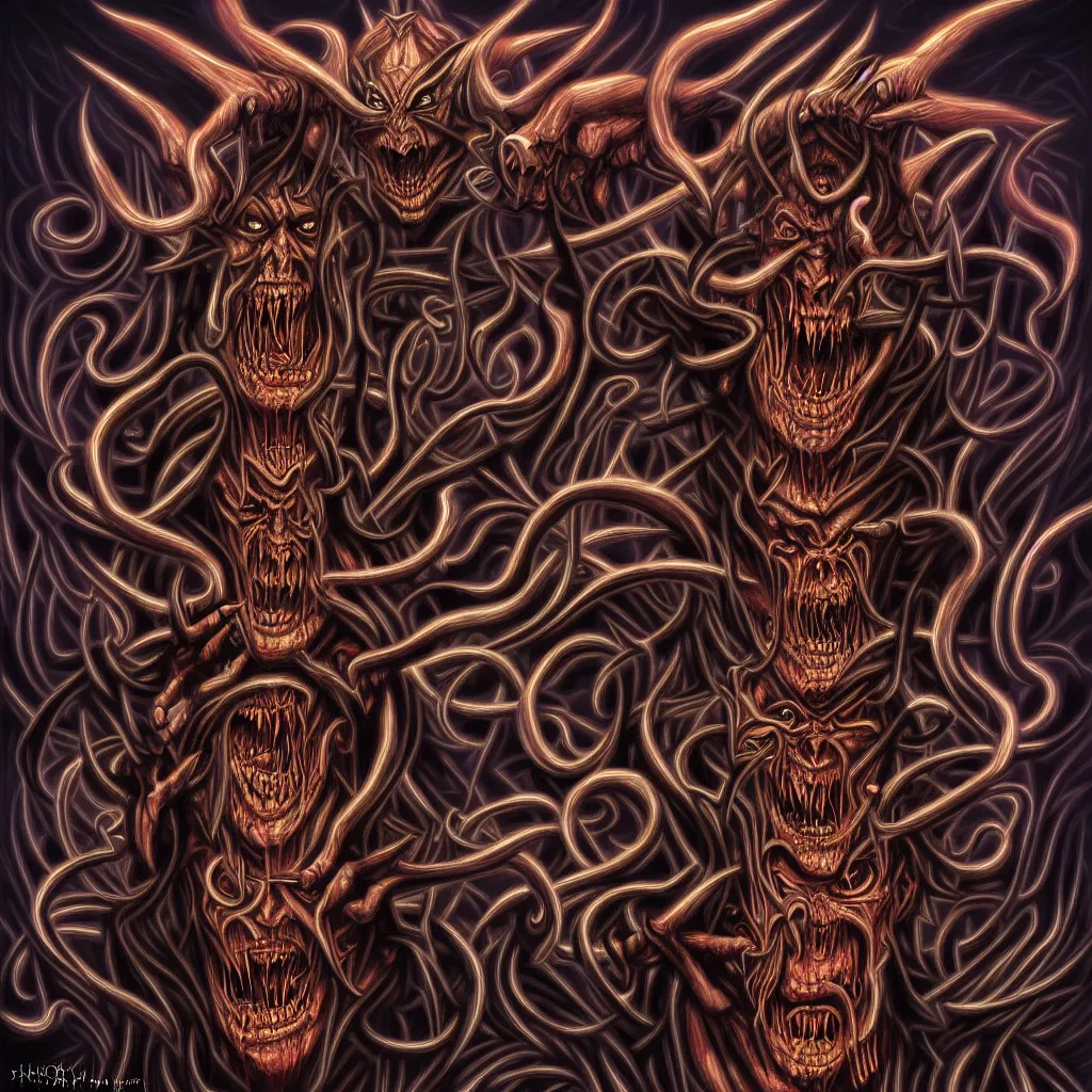 Prompt: Demons in the style of a Meshuggah album cover, digital painting