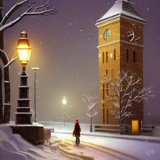 Image similar to clock tower ,inspired by Evgeny Lushpin,winter,night time,cinematic,art station