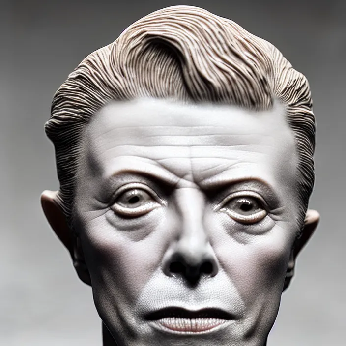 Image similar to David Bowie , A Close up photo-real delicate ceramic porcelain sculpture of a symmetrical ornate detailed in front of an intricate background by Victo Ngai and takato yamamoto, micro detail, backlit lighting, face in focus, subsurface scattering, translucent, thin porcelain, octane renderer, colorful, physically based rendering, japanese pottery, trending on cgsociety