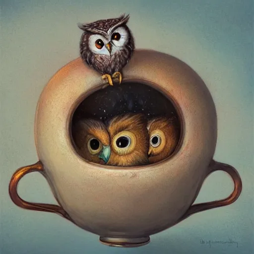 Image similar to long shot of a very cute owl chick nesting in a very romantique cup, by esao andrews, by james jean, humorous illustration, hyperrealistic, big depth of field, warm colors, night scenery, low light, 3 d octane render, 4 k, conceptart, hyperdetailed, hyperrealistic, trending on artstation